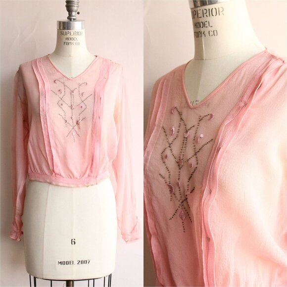 Vintage 1910s Blouse, Lerner Pink Silk Chiffon Top with Beaded and Embroidered - Picture 1 of 10